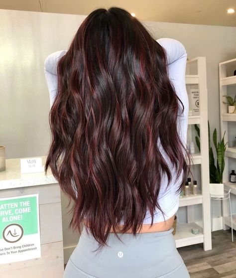 Brunette Balayage Hair With Red, Hair Color Ideas For Brunettes With Red Burgundy Dark Brown, Dark Brown And Maroon Hair, Brunette With Dark Red Highlights, Red Tone Highlights On Dark Hair, Dark Brown With Maroon Highlights, Dark Brown Hair With Reddish Highlights, Dark Brown Hair Balayage Caramel Brunettes Red Highlights, High Low Lights Hair Dark Brown Red Highlights