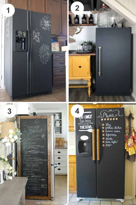 These refrigerator makeovers will STOP you in your tracks! Covering Refrigerator With Contact Paper, Update Refrigerator Fridge Makeover, How To Wrap A Refrigerator, Fridge Wrap Ideas, Painted Refrigerator Ideas, Refrigerator Door Decor Ideas, Painted Refrigerator Fridge Makeover, Wallpaper Refrigerator Diy, Fridge Cover Ideas Refrigerators