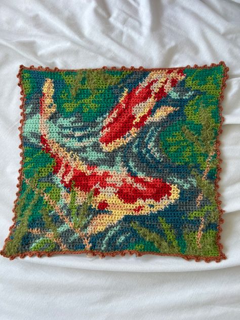 Crochet Patterns Picture, Koi Fish Crochet Tapestry, Tapestry Crochet Cushion, Sunflower Tapestry Crochet, Crochet Art Tapestry, Crochet Tapestry Square, Crochet Art Pieces, Crochet Picture Blanket, Tapestry Design Pattern