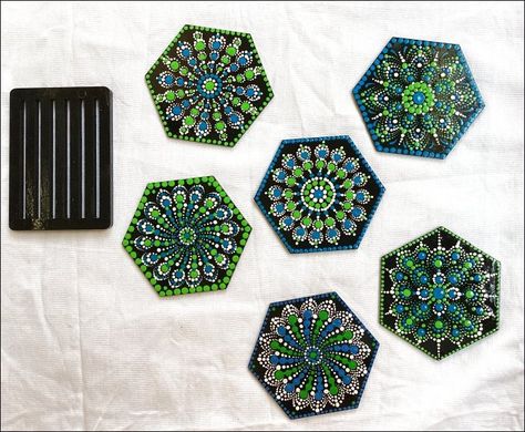 Dot art coasters Dot Art On Coasters, Hexagon Dot Mandala, Dot Painting Coasters, Dot Art Coasters, Dot Painting For Beginners Tutorial, Coaster Painting, Dots Painting, Tanjore Paintings, Art Coasters