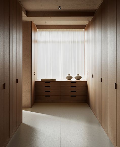 Collected Interior Design, Dressing With Window, Closet Design With Window, Japanese Walk In Closet, Walk In Closet Narrow, Japandi Walk In Closet, Closet Millwork, Old Town Apartment, Walk In Closet Layout