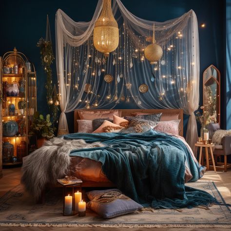 Unique Bedrooms For Adults, Celestial Boho Bedroom, Moon Theme Room, Warm Cozy Bedroom Ideas Romantic, Magical Bedroom Ideas For Adults, Mystical Bedroom Ideas, Bedroom Oasis Ideas, Ravenclaw Bedroom Ideas, Celestial Room Aesthetic