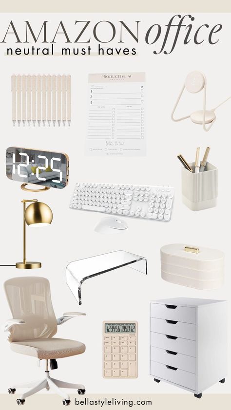 amazon office must haves Minimalist Vanity Organization, Home Office Decor Ideas On A Budget, Professional Office Desk Decor, Boho Office Chairs, Home Office Ideas Dual Monitor, Cute Office Ideas For Work Professional, White Gold Office Ideas, Work Office Set Up, Office Must Haves From Amazon