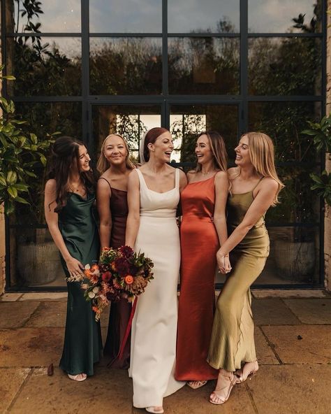 Mismatched tonal silky bridesmaid dresses for this stylish autumnal wedding at Old Gore Barn, a rustic, foodie wedding venue in Gloucestershire. Bridesmaid Dresses For Fall, Bridesmaid Dresses Different Colors, Different Bridesmaid Dresses, Mix Match Bridesmaids, Rustic Bridesmaids, Fall Wedding Bridesmaids, Winter Bridesmaids, Dresses For Fall, Neutral Bridesmaid Dresses