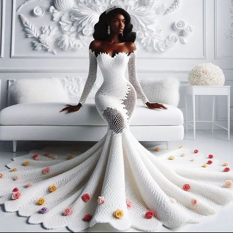 Crochet wedding/reception gown for that daring bride Drop a ❤️ if you like it 📌I don't crochet but I have a very good plug that can deliver 💯 if you want this July registration is open Crochet Ball Gown, Knitted Wedding Dress, Wedding Reception Gowns, Crochet Gown, Crochet Wedding Dress, Crochet Outfits, Crochet Wedding Dresses, Crochet Ball, Reception Gown