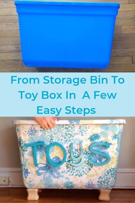 Do you have one of those plastic storage bins lying around? I've found another great use for these bins - a toy box! Create a playful toy box with a bin, fabric and a little glue. diy | diy storage | storage box | fabric | upcycle | diy decor | diy storage solution | creative storage solutions #ad Diy Closet Storage Bins, Toy Storage Diy Dollar Stores, Homemade Storage Boxes, Diy Cardboard Toy Box Storage, Diy Toy Box Ideas Storage Bins, Diy Toy Bin Organizer, Decorating Storage Bins, Diy Outside Toy Storage, Toys For Tots Box Ideas