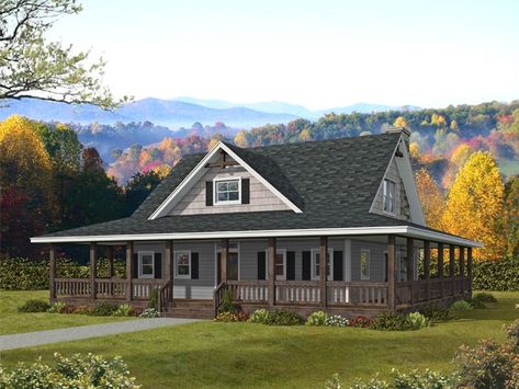 012H-0315: Two-Story Country House Plan Farmhouse With Wrap Around Porch, House Wrap Around Porch, Duplex House Plans, Farmhouse Style House Plans, Country House Plan, Farmhouse House, Family House Plans, Ranch Style Homes, Wrap Around Porch