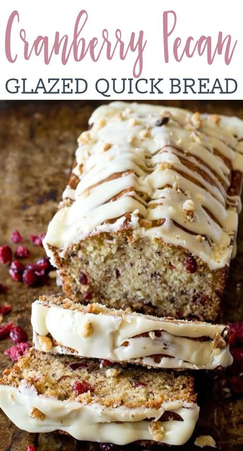 Sweet, moist quick bread full of dried cranberries and pecans. This cranberry pecan bread with white chocolate glaze would make a great hostess gift. Cranberry Pecan Bread Recipe, Cranberry Pecan Bread, Cranberry Quick Bread, Pecan Bread Recipe, White Chocolate Glaze, Dried Cranberry, Pecan Bread, Holiday Bread, Healthy Sweet Snacks