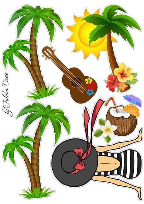 Hawaiian Birthday Cakes, Beach Themed Cakes, Hawaiian Party Decorations, Beach Cakes, Hawaiian Birthday, Birthday Cake Topper Printable, Happy Stickers, Animal Cakes, Hawaiian Party