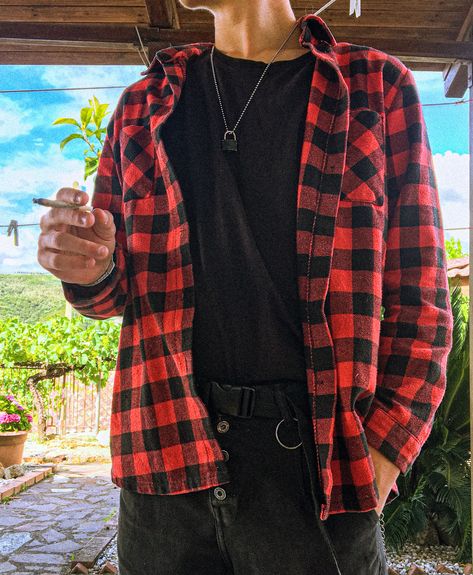 Red Plaid Outfit Men, Red Flannel Outfit Men Aesthetic, Plaid Flannel Outfit Men, Red Checkered Shirt Outfit Mens, Red And Black Flannel Outfit Men, Fall Grunge Outfits Men, Flannels Mens Outfit, Red Grunge Aesthetic Outfits Men, Masc Flannel Outfits