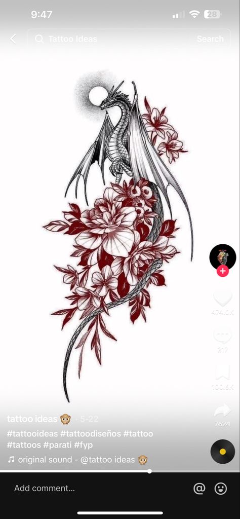 Rose Dragon Tattoo, Dragon Rose Tattoo, Dragon And Rose Tattoo, Dragon With Flowers, Black Rose Dragon, Black Flowers Tattoo, Rose Dragon, Red Dragon Tattoo, Horse Tattoo Design