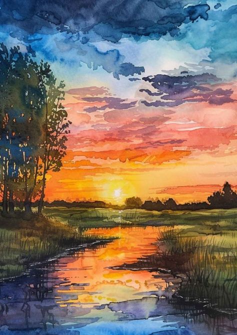 Discover a vibrant collection of 30 watercolor sunset painting ideas that will inspire your next masterpiece. From tranquil beach scenes to fiery skies, each idea is a burst of color and creativity. Perfect for artists of all levels, these watercolor sunsets are a great way to enhance your painting skills. Plus Free Watercolor Stencils! ! #WatercolorSunset #SunsetPainting #ArtInspiration #WatercolorIdeas #PaintingTutorial #ArtistsOfPinterest #SunsetArt Watercolor Art Horizontal, Sunset In Watercolor, Painting To Do On Canvas, Watercolor Paintings Landscape Sunsets, Nature Drawings Colorful, Drawing With Watercolor Ideas, Watercolor Art Colorful, Easy Waterpaintings, Drawing A Sunset