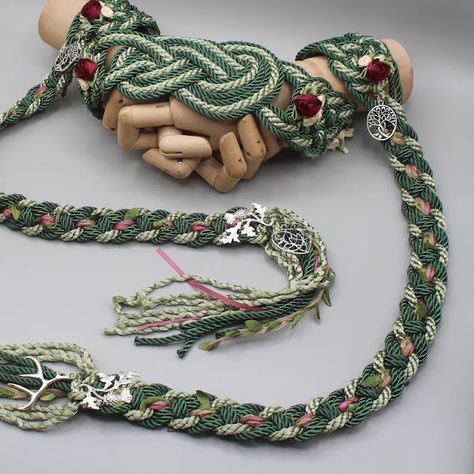 Handfasting Cord - Celtic 'Nine Knots' Design - Green with floral roses - Custom Infinity Love Knot wedding handtying cord/ribbon/rope/sash Scottish Wedding Handfasting, Hand Fastening Wedding, Celtic Wedding Decor, Handfasting Ceremony Cords, Handfasting Cords Diy, Hand Tying Ceremony, Diy Handfasting Cords, Celtic Wedding Ideas, Knot Tying Ceremony