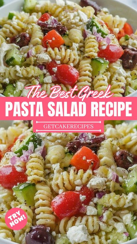 The image shows a bowl of Greek pasta salad made with rotini pasta, cherry tomatoes, cucumber, red onion, Kalamata olives, and feta cheese, dressed with a light vinaigrette. Pasta Fagioli Soup Recipe, Homemade Greek Dressing, Grilled Dinner Recipes, Foods Dinner, Greek Pasta Salad Recipe, Oregano Salt, Greek Pasta Salad, Comfort Pasta, Greek Dressing