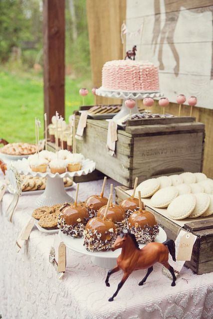 Miss Lovie: Fall Wedding Ideas-Rustic Dessert Table Inspiration 21st Party Themes, Rustic Dessert Table, Horse Themed Party, Buffet Dessert, Rustic Dessert, Rodeo Party, Pony Birthday Party, Horse Birthday Parties, 21st Party