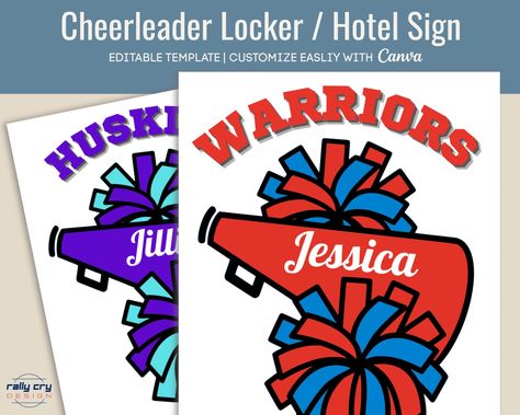 Excited to share the latest addition to my #etsy shop: Cheerleader Locker decoration sign, Hotel door sign tag, Cheer Team spirit poster, Travel pride Name tag, Customizable Canva Template CHR004 https://etsy.me/3UjR0Ga Cheer Locker Signs, Locker Signs, Hotel Sign, September Art, Locker Tags, Spirit Signs, Locker Decorations, Travel Team, Hotel Door