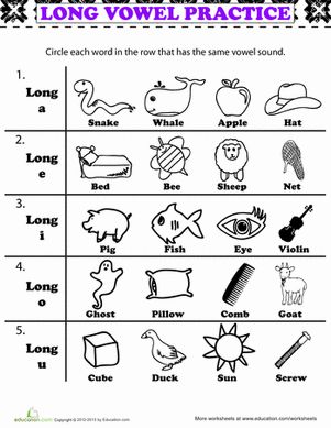 Time for some long vowel practice! Go over all the vowels from A to U, and read the words in each row. Then, decide which words have the matching vowel sound and circle them!#educationdotcom Vowel A Worksheet, Vowel Sounds Worksheets, Long Vowel Sounds Worksheets, I Worksheet, Long Vowel Worksheets, Vowel Practice, Worksheet For Kindergarten, Cvc Worksheets, Writing Sight Words