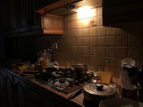 Chaotic House Aesthetic, Dark Apartment Aesthetic Kitchen, Grunge House Aesthetic Kitchen, Messy Apartment Aesthetic Dark, Night Kitchen Aesthetic, Dirty Apartment Aesthetic, Late Night Kitchen Aesthetic, Run Down House Aesthetic, Kitchen Night Aesthetic