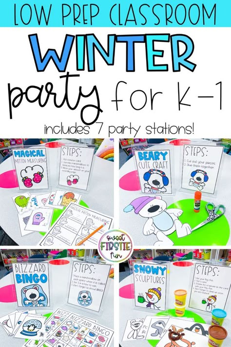 Kindergarten Winter Class Party, Holiday Class Party Ideas 1st Grade, Winter Holiday Party Classroom, Winter Party Games For Kindergarten, Kindergarten Holiday Party Games, Winter Party Elementary School, Christmas Party First Grade, Kindergarten Winter Party Craft, Classroom Christmas Party Games 1st Grade