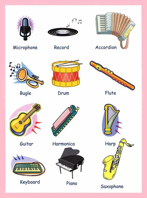 Learn English Vocabulary through Pictures: Musical Instruments 15 Music Vocabulary, How To Speak Italian, Kids Musical Instruments, Visual Dictionary, Vocabulary Lessons, Learning English For Kids, Music Worksheets, Kids Schedule, English Vocab