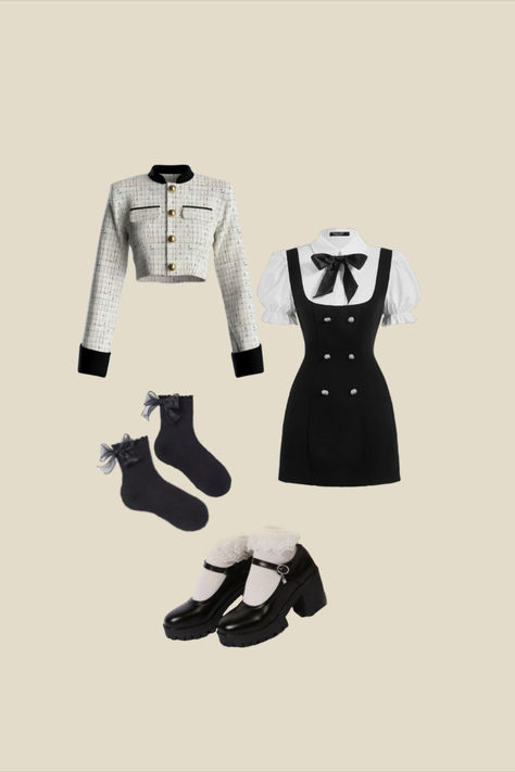 Spring Season Outfits Women, Black And White Chanel Outfit, Chanel Look Outfit, Black And White Preppy Outfits, Club Classics Outfit, Kpop Clothing Style, Chanel Classic Outfit, White And Black Dress Outfit, Shein Preppy Outfits