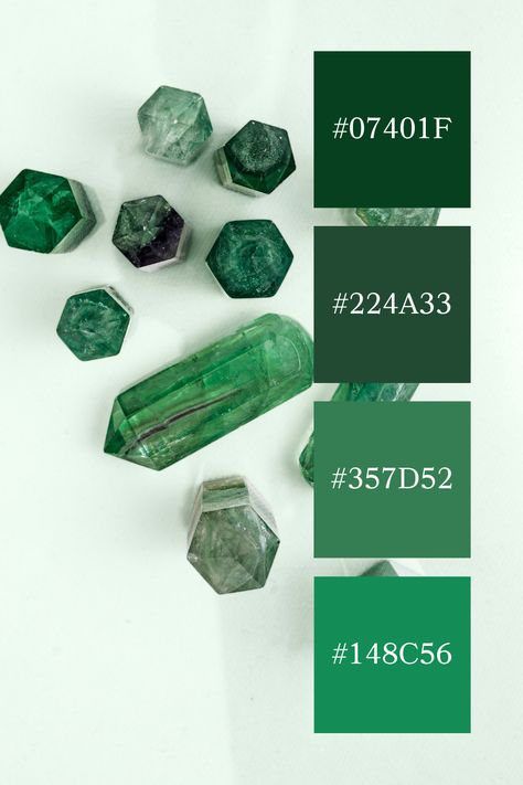 A striking emerald green color palette featuring various geometric emerald crystals in deep, rich green tones set against a soft, light green background, showcasing the elegance and allure of these precious stones. Jade Green Color Scheme, Color Palette Code, Emerald Green Color Palette, Color Scheme Generator, Jade Green Color, Light Green Background, Code Color, Green Color Palette, Emerald Green Color