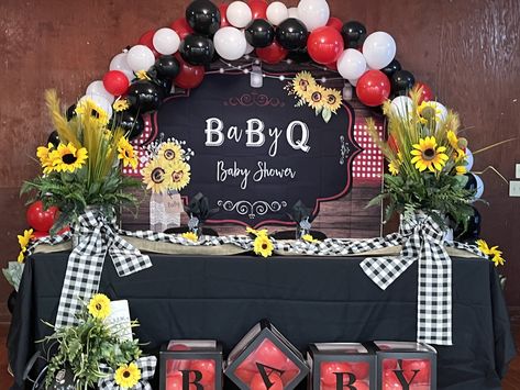 Decorating A Gazebo For A Party, Baby Q Balloon Arch, Bbq Balloon Arch, Baby Q Gender Reveal Decorations, Babyque Shower Ideas Decorations, Bbq Balloons, Baby Q Shower Ideas Boy, Bbq Gender Reveal Ideas, Babyque Gender Reveal