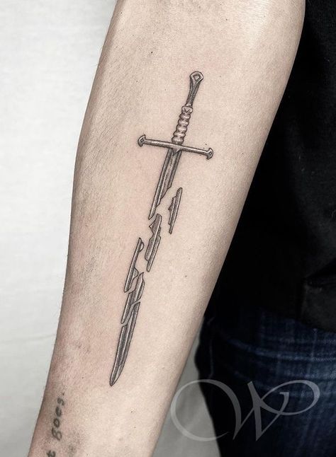 Modern Broken Sword Forearm Tattoo Tattoo Ideas Outer Forearm, Long Forearm Tattoo For Men, First Tattoo Ideas For Men Small Forearm, Long Tattoo Design Men, Long Tattoos Men, Swords Tattoo Men Forearm, Forearm Tattoo Swords, Tattoo Back Forearm, Men’s Outer Forearm Tattoo