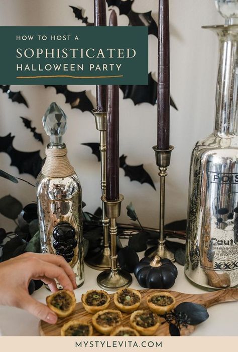 Throw a sophisticated and grown-up adult Halloween party with these tips. From Halloween party decor, to Halloween party food and a spooky charcoal cocktail! Impress your friends with this Halloween party spread! #halloween #partyideas Simple Halloween Party Food Ideas, Simple Halloween Party Food, Sophisticated Halloween Party, Simple Halloween Party, Halloween Dinner Party Food, Adult Halloween Party Food, Halloween Party Menu, Adult Halloween Party Decorations, Sophisticated Halloween