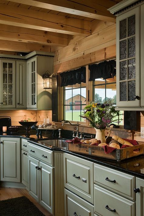 Log Cabin Kitchens, Log Cabin Kitchen, Dapur Rustic, Log Home Kitchens, Glass Kitchen Cabinets, Rustic Kitchens, Rustic Country Kitchens, Rustic Kitchen Cabinets, Kabinet Dapur