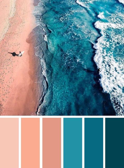 Now, I know making the bathroom be "the beach" is so overdone, but if you're using a beautiful color palette like this, I say go for it! Hawaiian Room, Ocean Inspired Bedroom, Teal Color Palette, 보고서 디자인, Minimalist Dekor, Inspired Bedroom, Color Schemes Colour Palettes, Bedroom Color, Beach Color