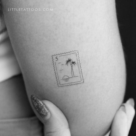 Travel temporary tattoos for people of all genders. Sea Life Half Sleeve Tattoo, Trendy Tiny Tattoos, Cute Minimal Tattoos For Women, Small Picture Tattoos For Women, Nephew And Niece Tattoo, Tiny Florida Tattoo, Puerto Rico Stamp Tattoo, Palm Tree Stamp Tattoo, Hawaii Postage Stamp Tattoo