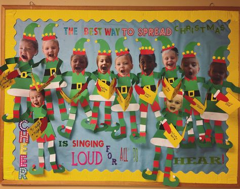 Elf Christmas bulletin board. “The best way to spread Christmas cheer is singing loud for all to hear! 💚🎶❤️ Christmas Classroom Art Projects, Christmas Bulliten Board School, Christmas Hallway Decorations School Winter Bulletin Boards, Christmas Teacher Board Ideas, Christmas Pre K Bulletin Board, Elf Bulletin Boards For Preschool, Christmas Class Bulletin Boards, Christmas Teacher Bulletin Board, School Bulletin Boards Christmas