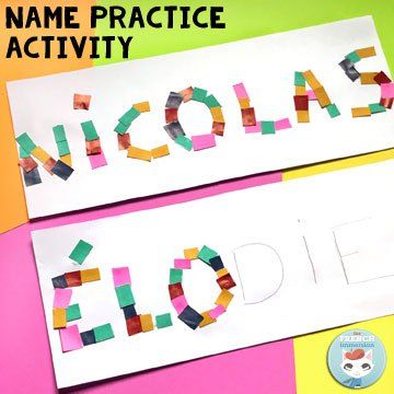 French Classroom Name Practice Activities: name paper mosaic. Fun way for students to practice "writing" their names! Name Craft Kindergarten, Writing Practice Activities, Name Practice Activities, Name Writing Activities, Writing Activities For Preschoolers, Kindergarten Names, Name Writing Practice, Preschool Names, Name Practice