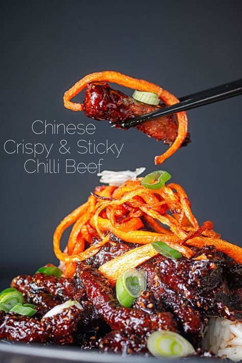 Sticky Beef Recipes, Crispy Chili Beef, Vegan Crispy Chilli Beef, Crispy Sweet Chilli Beef, Hot And Spicy Beef Chinese, Crispy Chilli Beef Noodles, Chilli Beef Recipe, Chinese Beef Recipes, Crispy Chilli Beef