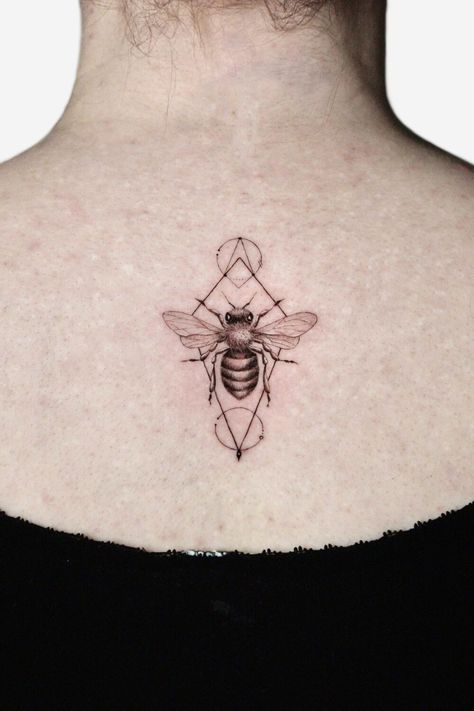 Geometric bee tattoo on the back Ankle Bee Tattoo, Bee Geometric Tattoo, Tattoos For Ladies, Geometric Tattoo Ideas, Bee Outline, Small Bee Tattoo, Bee Tattoos, Honeycomb Tattoo, 2023 Tattoo