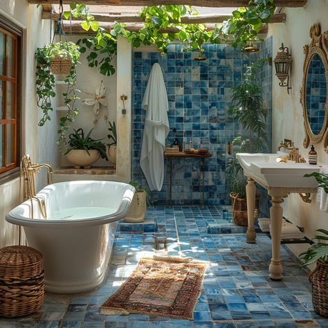 Mediterranean Guest Bathroom, Mediterranean Art Deco, Sea Blue Bathroom, Mediterranean Interior Design Bathroom, Bathroom With Skylight Ideas, Bathroom Blue Accents, Turkish Tiles Bathroom, Ocean Bathroom Aesthetic, Light Blue Tile Bathroom Ideas