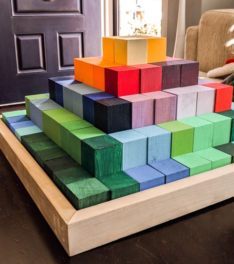 DIY Imitation Grimm’s Large Stepped Pyramid – Samantha Raising Wildflowers Toy Painting, Raising Wildflowers, Diy Montessori Toys, Ikea Play Kitchen, Wooden Toys Diy, Waldorf Montessori, Ikea Billy Bookcase Hack, Montessori Diy, Ikea Billy Bookcase