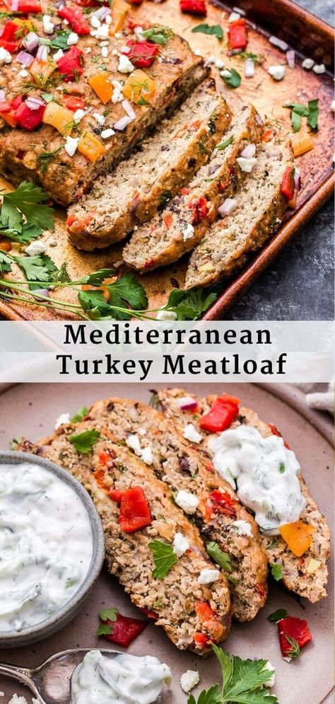 This moist and flavorful Mediterranean Turkey Meatloaf is like no other meatloaf you've ever had! Full of roasted red peppers, garlic, feta, kalamata olives and fresh herbs. Serve it topped with tzatziki sauce for healthy and delicious Mediterranean inspired dinner. #meatloaf #turkeymeatloaf #groundturkey #healthyrecipes #healthydinner #mediterraneandiet #greekfood #tzatziki Mediterranean Meatloaf Recipes, Greek Turkey Meatloaf, Turkey Mediterranean Skillet Dinner, Mediterranean Red Meat Recipes, Ground Turkey Mediterranean Recipes, Mediterranean Ground Turkey Recipes, Tuscan Meatloaf, Mediterranean Beef Recipes, Ground Turkey Greek