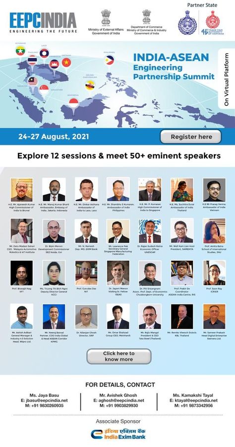 Listen to over 50 Renowned Speakers at INDIA -ASEAN Engineering Partnership Summit over 4 Days at a 50% discount organised by @eepcindia with the support of Ministry of External Affairs, Government of India Register now -https://eepcvirtualexpo.com/conference_management/conference_registration/MTk/Mg  Click to know more to : https://www.eepcvirtualexpo.com/asean-summit #ShambhuKumaran, #AjaneeshK, #AmbHanoi, India in Brunei Darussalam, India in Indonesia Ministry Of External Affairs, Register Here, Brunei Darussalam, Brunei, Over 50, Philippines, Government, Speaker, Engineering