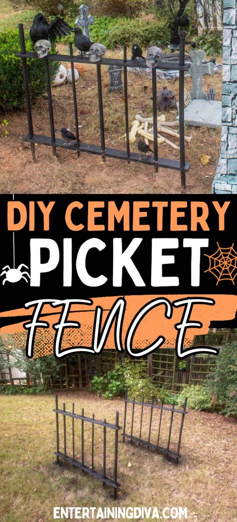 How to Make a DIY Halloween Cemetery Picket Fence Diy Spooky Fence, Cemetery Fence Diy, Graveyard Outdoor Decor, Halloween Graveyard Fence Ideas Diy, Diy Cemetary Fence, Graveyard Diy Halloween, Homemade Halloween Graveyard, Diy Pet Cemetery Halloween, Halloween Decorations Cemetery