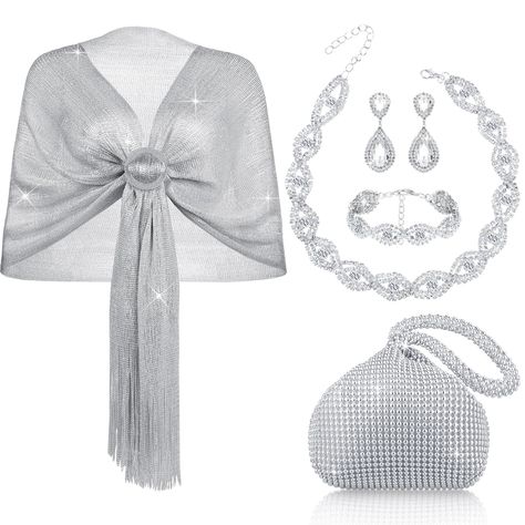 PRICES MAY VARY. Women Accessories Set: the package contains 1 piece of silver shawl wrap, 1 piece of silver clutch purse wedding, 1 piece of rhinestone choker necklace, 1 piece of bracelet and 1 pair of dangle earrings, a nice combination set to satisfy your daily decoration needs Size Details: the shawl wraps for women are about 19.7 x 64.6 inches/ 50 x 164 cm, and the tassels are about 7.1 inches/ 18 cm long, the rhinestone necklace is about 11.4 inches/ 29 cm, the bracelet is about 6.5 inche Rhinestone Bridal Jewelry, T Shirt Scarf, Silver Shawl, Rings For Wedding, Silver Clutch Purse, Shirt Scarf, Silver Shirt, Rhinestone Jewelry Set, Costume Set