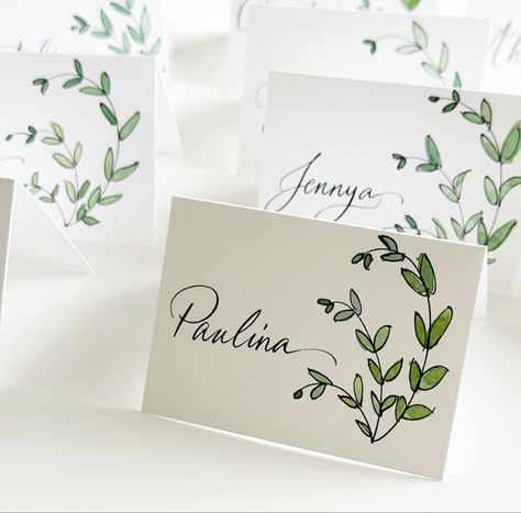 Hand painted place cards with watercolor and Calligraphy. Table Name Cards Birthday, Handwritten Name Cards, Cricut Name Place Cards, Place Cards Watercolor, Diy Name Cards, Unique Place Cards, Watercolor Place Cards, Intimate Birthday, Name Tag Design