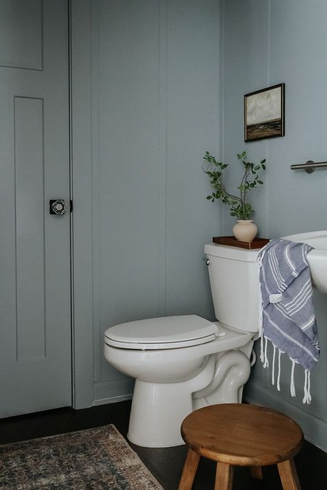 Full Wall Board And Batten, Board And Batten Half Wall, Ceiling Board And Batten, Board And Batten Bathroom, Batten Bathroom, Dusty Blue Paint, Blue Beadboard, Blue Small Bathrooms, Blue Powder Room