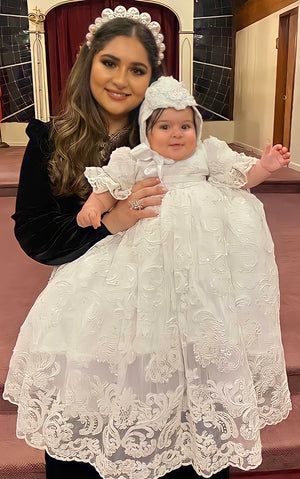 Elena Collection USA - Christening Gowns & Couture Baby Blessing Dress, Shoes Details, Christening Dresses, Cross Belt, Hand Beaded Lace, Blessing Dress, Baptism Gown, Christening Gown