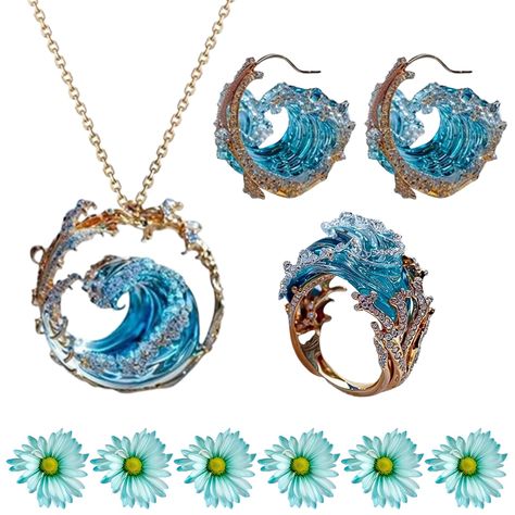 PRICES MAY VARY. 【Exquisite Craftsmanship】: Ocean's Oath Jewelry Set, The blue wave section is crafted using a distinctive technique, showcasing the fluidity and transparency of seawater, as if bringing the ocean right to your side. 【High Quality】: Ocean's Oath Necklace, Every detail is crafted to withstand daily wear and tear, and the sturdy construction ensures it won't break or fall off easily. 【Creative Design】: The pendant design of the necklace imitates the shape of ocean waves, with golde Wave Jewelry, Jewelry Ocean, Ocean Gifts, Ocean Necklace, Wave Necklace, Waves Crashing, Ocean Jewelry, Packing Jewelry, Necklace Ring