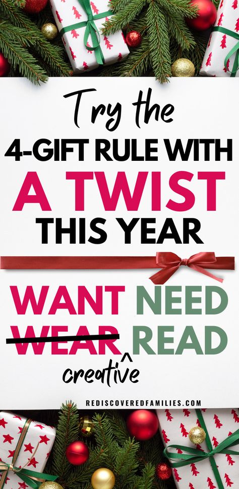 The 4-gift rule for Christmas can make the holidays a lot easier. Still, we weren’t quite happy with the original, so we changed it up a little. Your kids are going to like it so much better! Click through to find our KID APPROVED change. We’ve also got a cute 4 gift rule printable for your kids to fill out. 5 Rules For Christmas Gifts, 5 Presents Rule For Christmas, 5 Things For Christmas For Kids, 5 Gifts For Christmas Rule For Kids, 5 Gift Rule For Christmas For Kids, Christmas Gift Rules For Kids, Kids Christmas List Want Need, 4 Gifts For Christmas Rule For Kids, Gift Rule For Christmas