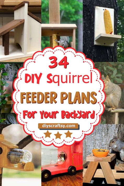 34 DIY Squirrel Feeder Plans For Your Backyard How To Make A Squirrel Feeder, Squirrel Corn Cob Feeder, How To Build A Squirrel Feeder, Squirrel Feeder Ideas, Diy Squirrel Feeder Easy, Squirrel Habitat, Squirrel Feeder Plans, Brick Fireplace Painted, Squirrel Picnic Table Feeder