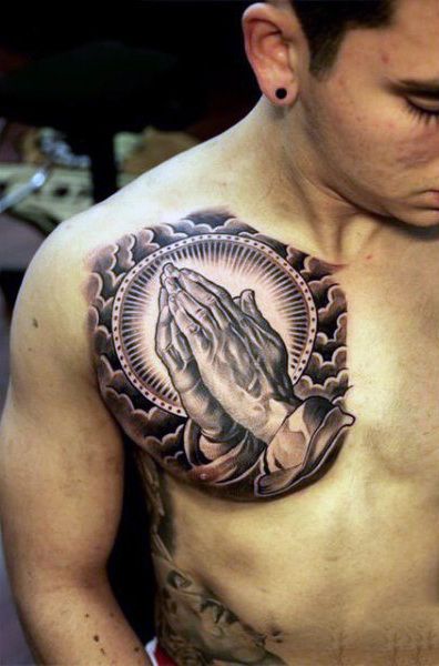 70 Praying Hands Tattoo Designs For Men - Silence The Mind Chest Tattoo Clouds, Lil B Tattoo, Prayer Hands Tattoo, Rose Chest Tattoo, Praying Hands Tattoo Design, Tattoo On Chest, Praying Hands Tattoo, Hands Tattoo, Realistic Tattoo Sleeve