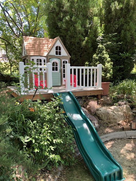 My Costco Outdoor Playhouse Hack and platform terrace slide Outdoor Playhouse Ideas, Playground Landscaping, Backyard Playhouse, Build A Playhouse, Sloped Backyard, Playhouse Outdoor, Meteor Garden 2018, Playground Design, Garden Route